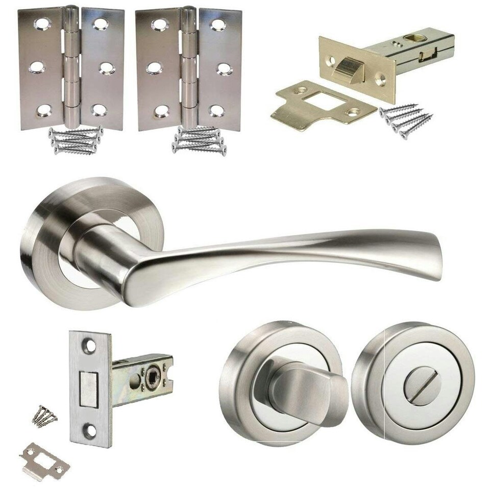 Golden Grace Astrid Design Modern Bathroom Door Handle Pack in Duo Chrome Finish with Deadbolt, Hinges & Tubular Latch Grey