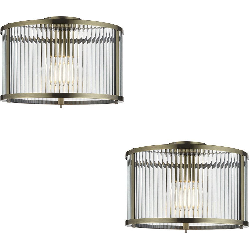 2 PACK Semi Flush Low Ceiling Light - Antique Brass & Clear Ribbed Glass - 10W Max LED E27