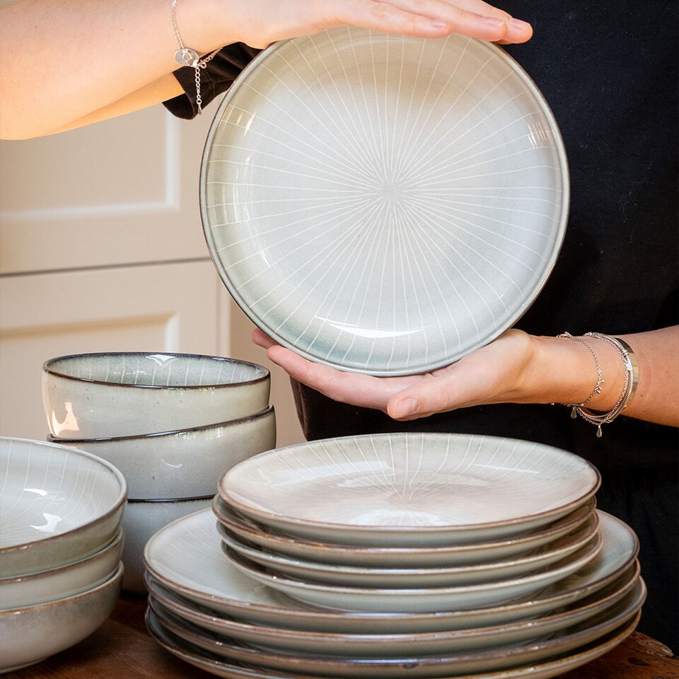 image 1 of Scandi Home 16 Piece Fika Oatmeal Artisan Glaze Ceramic Tableware Set