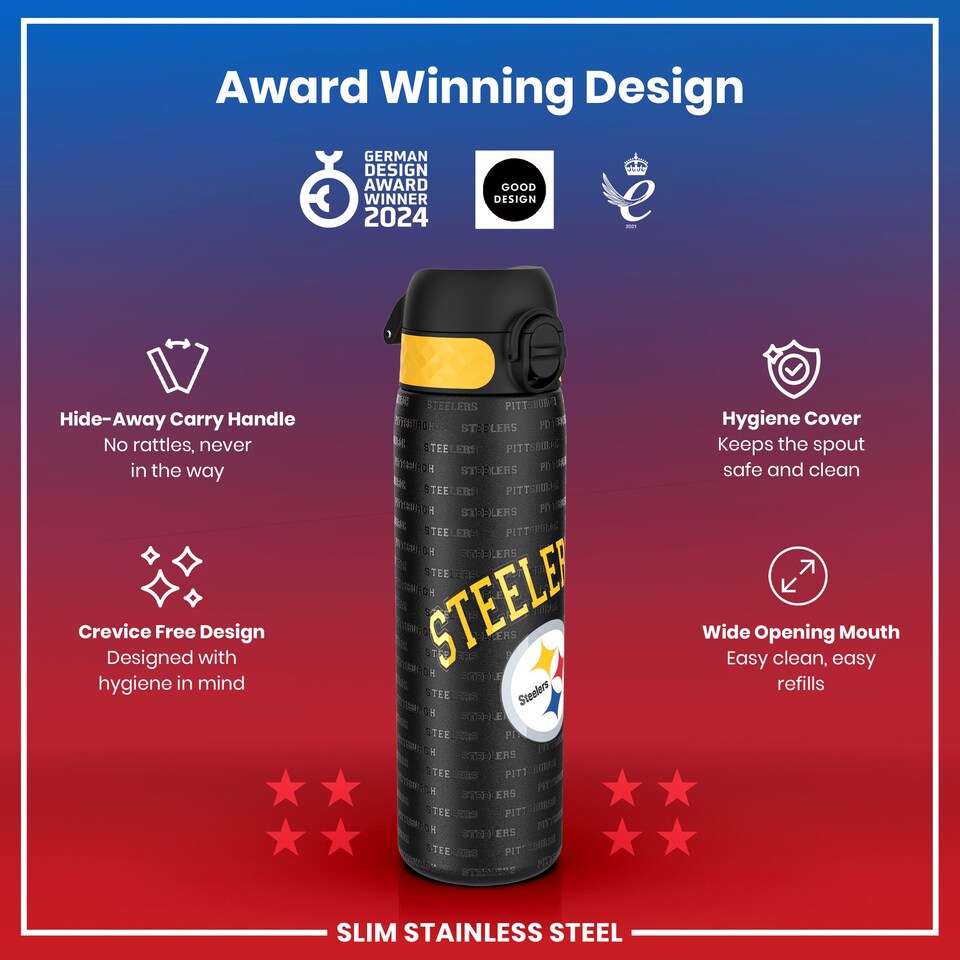 image 1 of Leak Proof Slim Water Bottle, Stainless Steel, NFL, 600ml (20oz) | Black | NFL Steelers | One Size