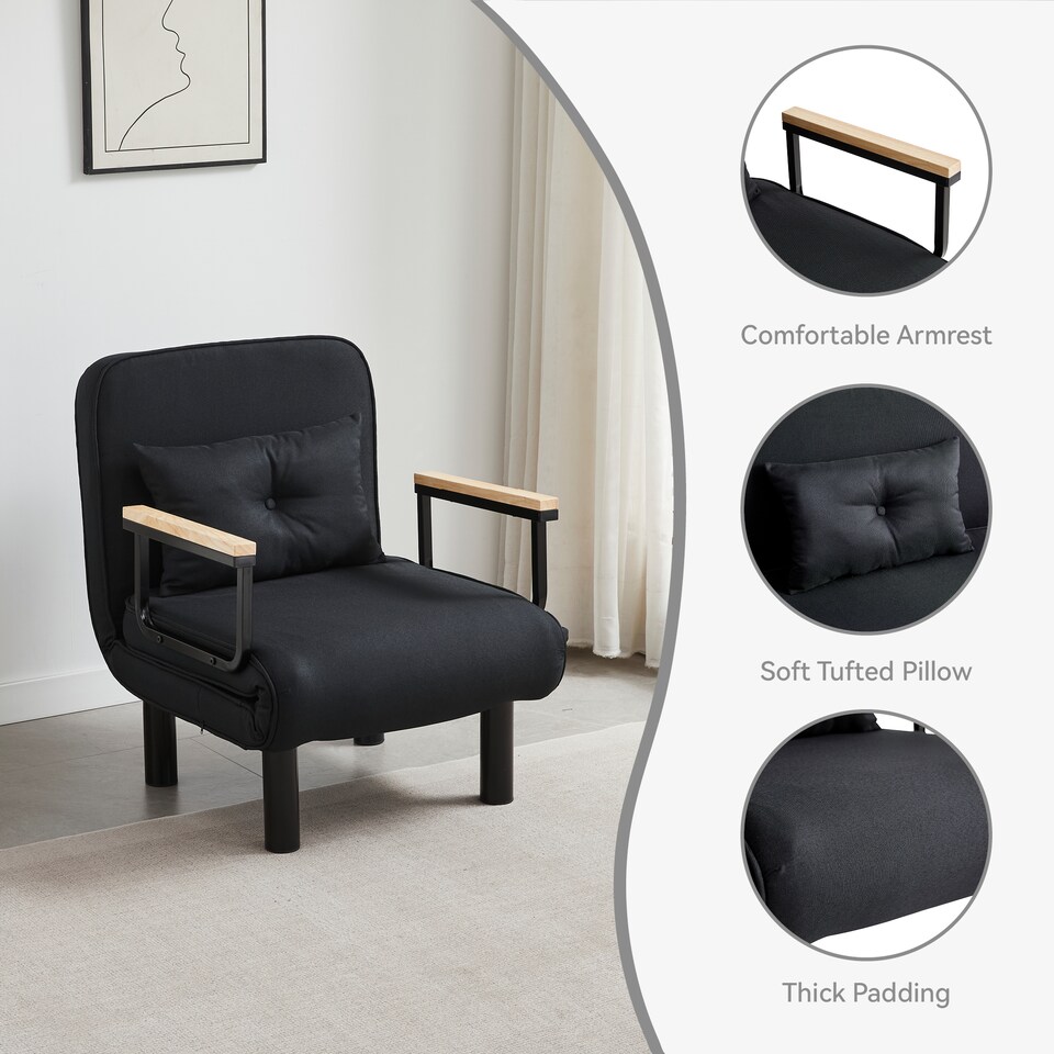 image 1 of 4 in 1 Folding Single Sofa Bed Convertible Lounge Sleeper Chair with Adjustable Backrest and Large Cushion Black