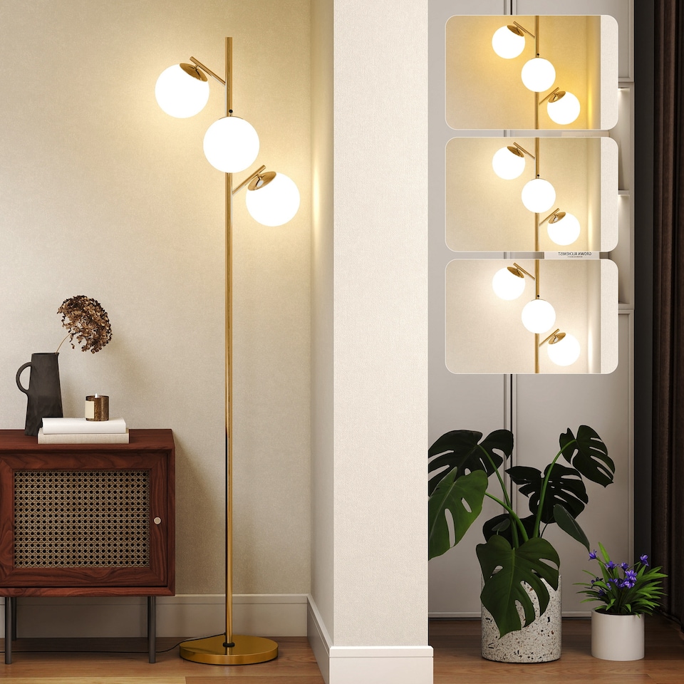 image 1 of HOMCOM 3-Light Tree Floor Lamps for Living Room, Modern Standing Lamp for Bedroom with Globe Lampshade, 3000K/4000K/6000K Colour Temperatures, Steel Base, Gold Tone | Gold