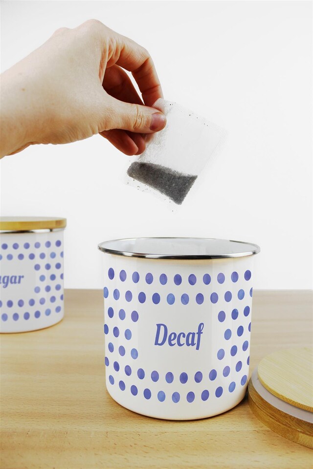 image 1 of Indigo Polka Dots Tea, Coffee & Sugar Large Kitchen Canisters - Set of 3
