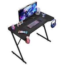 House of Home Gaming Desk Carbon Fibre Finish Black 120cm Cup Holder, Headphone Hook | Black