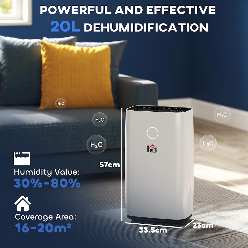 image 1 of HOMCOM 20LDay Portable Dehumidifier for Home, with LED Screen, Sleep Mode, 24H Timer, 4L Water Tank, Electric Air Dehumidifier for Damp Laundry Bedroom Basement