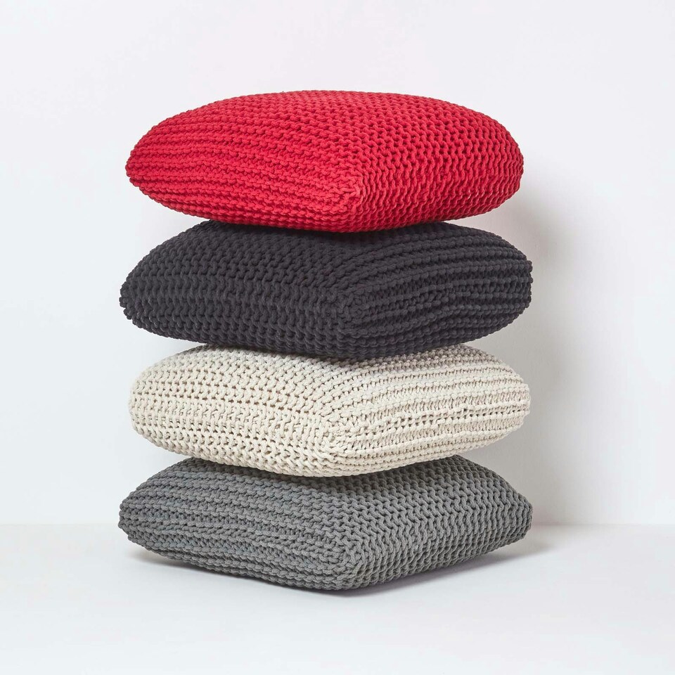 image 1 of Homescapes Grey Square Cotton Knitted Pouffe Floor Cushion