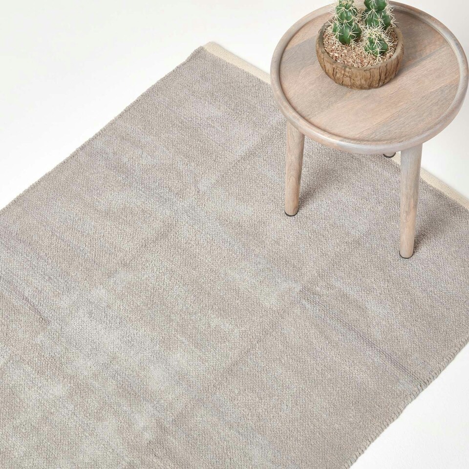 image 1 of Homescapes Light Grey 100% Cotton Plain Chenille Rug with Natural Trim - 90 x 150 cm Grey | 90 x 150 cm
