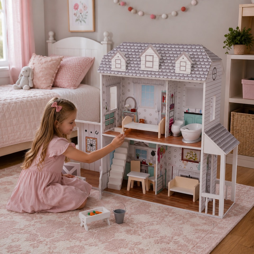 image 1 of Teamson Kids 2-Story Wooden Dollhouse with Stable, Grey, Farmhouse