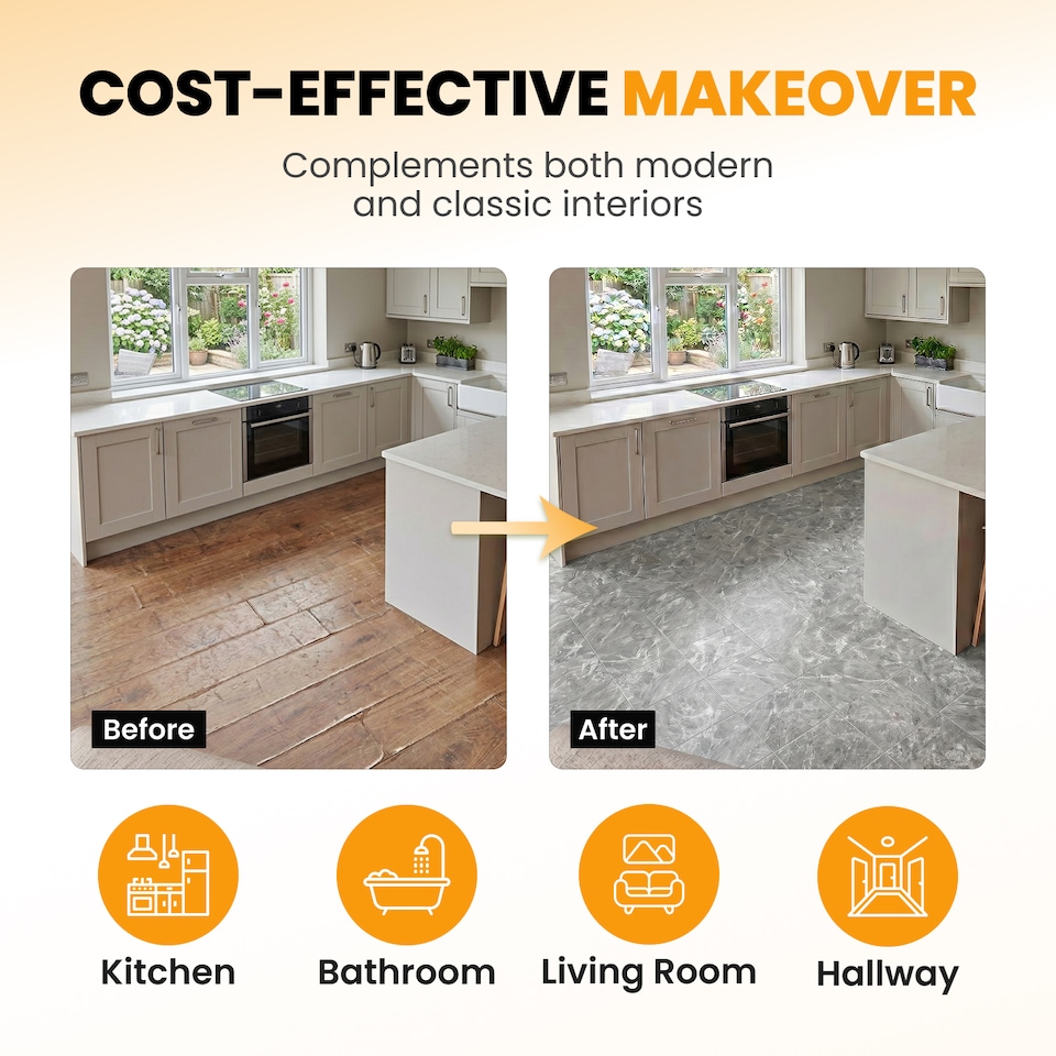 image 1 of Vinyl Floor Tiles Self Adhesive – 30 Pack Covers 30 sqf (2.79sqm) – 12x12in (30.5x30.5cm) Waterproof Peel & Stick Vinyl Flooring for Kitchen, Bathroom & Home | Grey