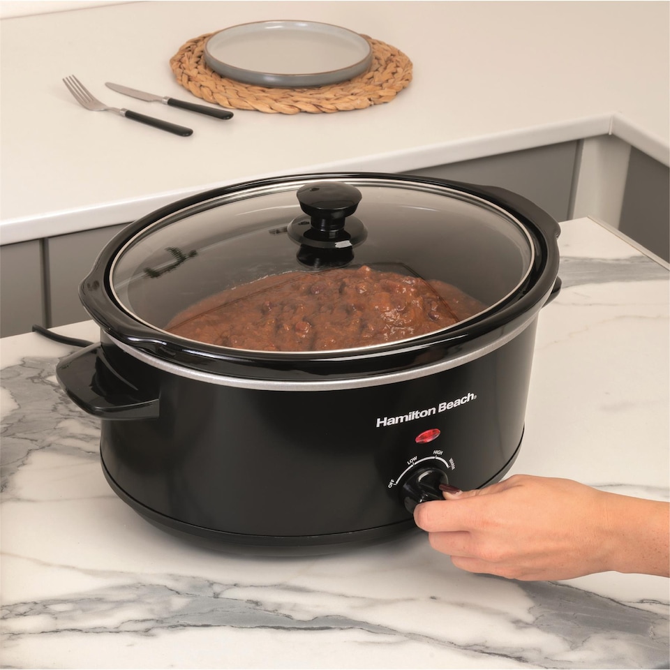 image 1 of Hamilton Beach Slow Cooker, 6.5 Litres, Family Favourite, 240W, Energy-Efficient, Removable Oven-Safe Ceramic Bowl, 3 Heat Settings, Serves 6-8 People, Easy Clean, Black - HBSC070B