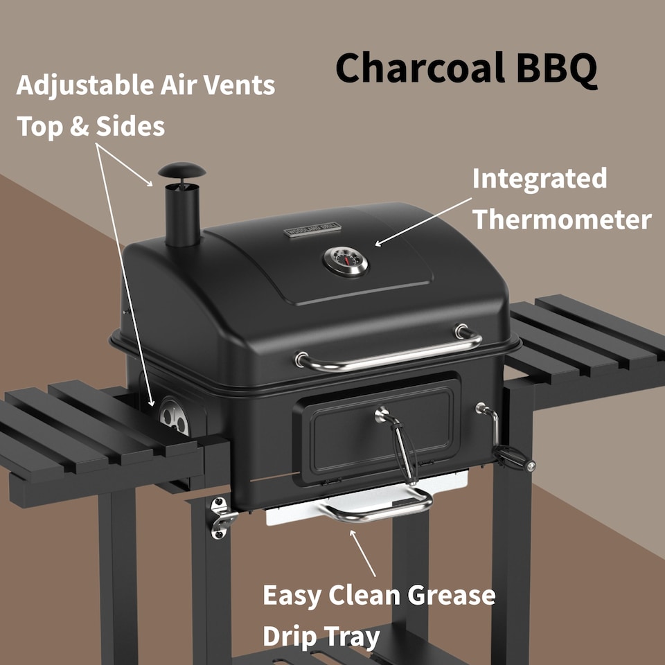 image 1 of Woodland Grill Charcoal BBQ Grill with Foldable Side Shelves, Black - OC01CBQ1032 | Black | 1