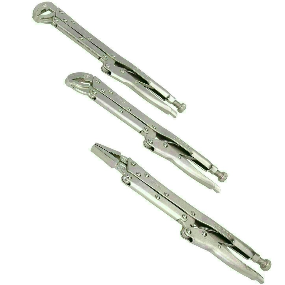 image 1 of 3pc Extra Long Nose 12" Adjustable Locking Pliers Mole Grips Straight 45° 90°
