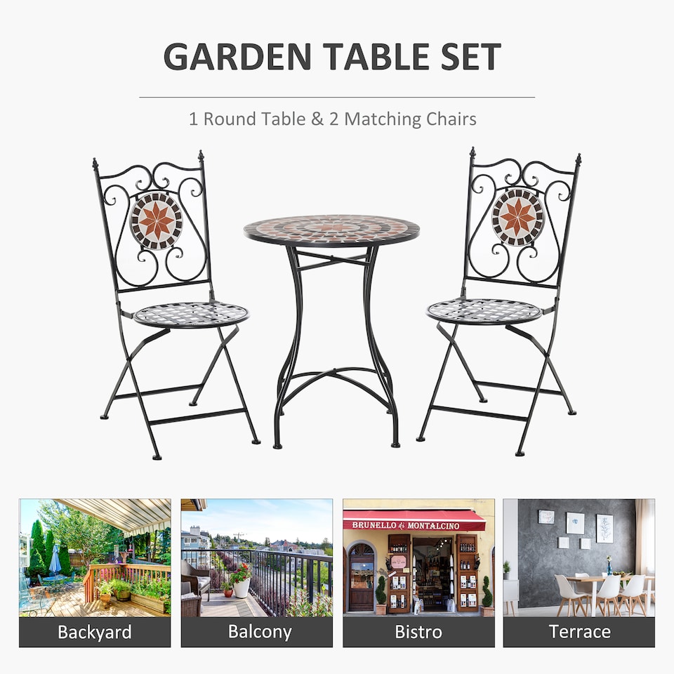image 1 of Outsunny 3PCs Garden Set 1 Ceramic Tile Round Table and 2 Foldable Chairs
