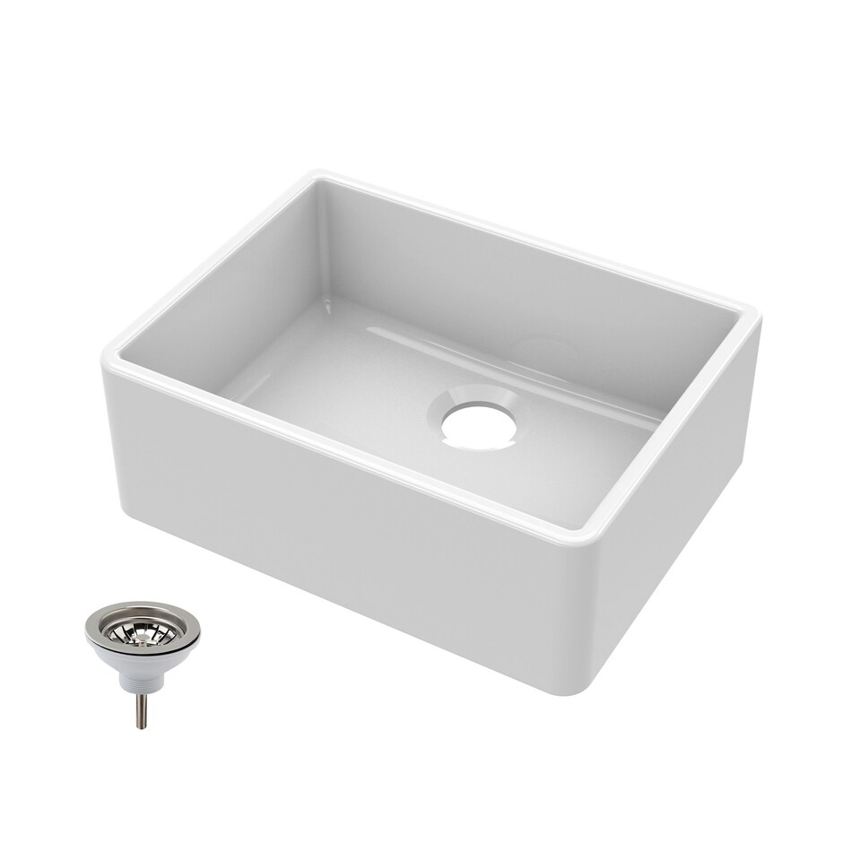 image 1 of 595mm - Single Bowl Fireclay Butler Kitchen Sink  -  Chrome Strainer Waste