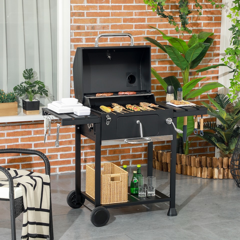 image 1 of Charcoal BBQ Grill Smoker Trolley with Shelves, Bottle Opener and Wheels