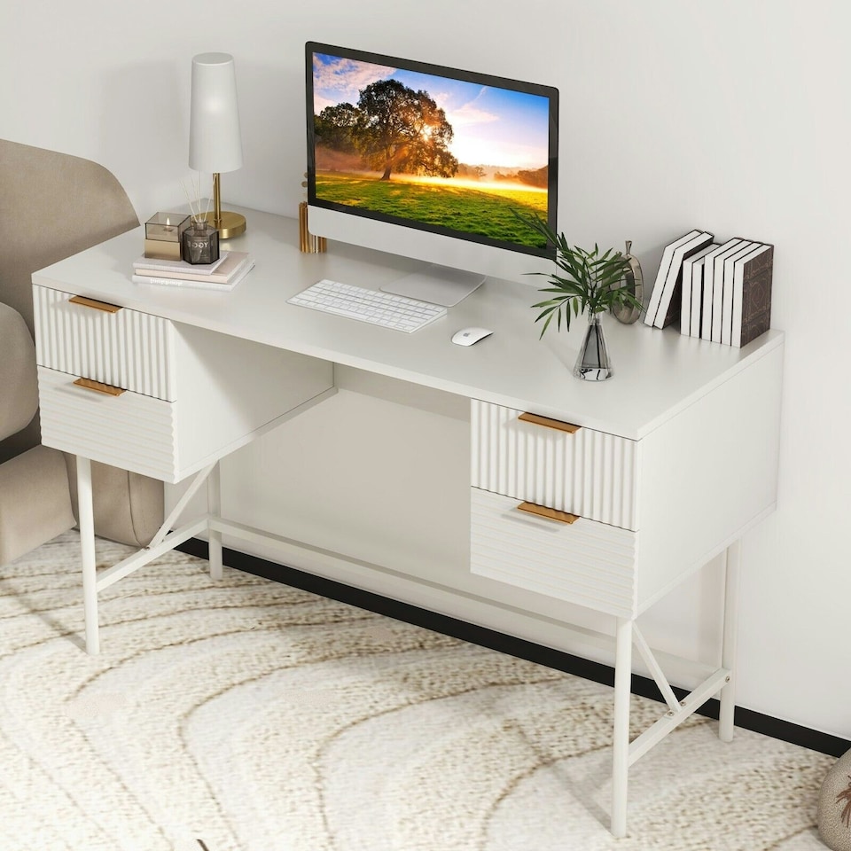 image 1 of COSTWAY Modern Computer Desk with 4 Drawers White