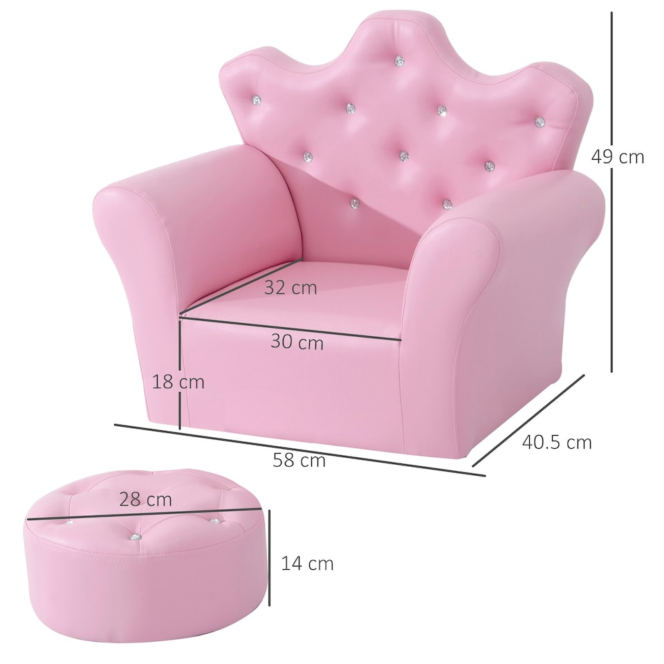 image 1 of HOMCOM Kids Sofa Set, 2PCs Crown-Themed Child Armchair with Ottoman, Pink