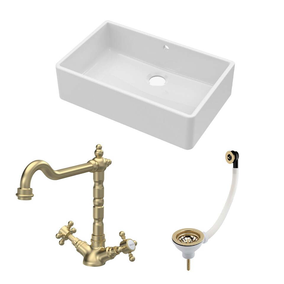 image 1 of Fireclay Kitchen Bundle - Single Bowl Butler Sink with Overflow, Waste and Classic Mono Tap - 595mm - Brushed Brass by Balterley