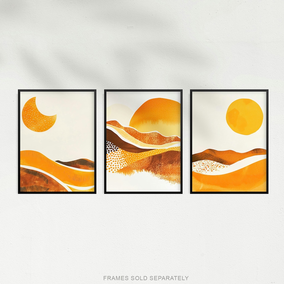 image 1 of Set of 3 Abstract Amber Mountain Landscape Moon Living Room 12X16 Inch Wall Art Prints Pack