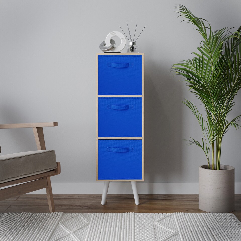 image 1 of Oak 3-Tier 3-Drawer Cube Shelving Unit with Scandinavian Legs | Blue | Dark Blue & White | 1