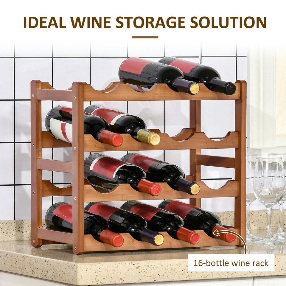 image 1 of HOMCOM Free Standing Wine Rack 16 Bottle Holders, Bamboo Display Shelf, Brown