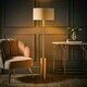 image 1 of ValueLights Lexy Beige and Gold Shade with Antique Brass Dimmable Floor Lamp & LED Bulb