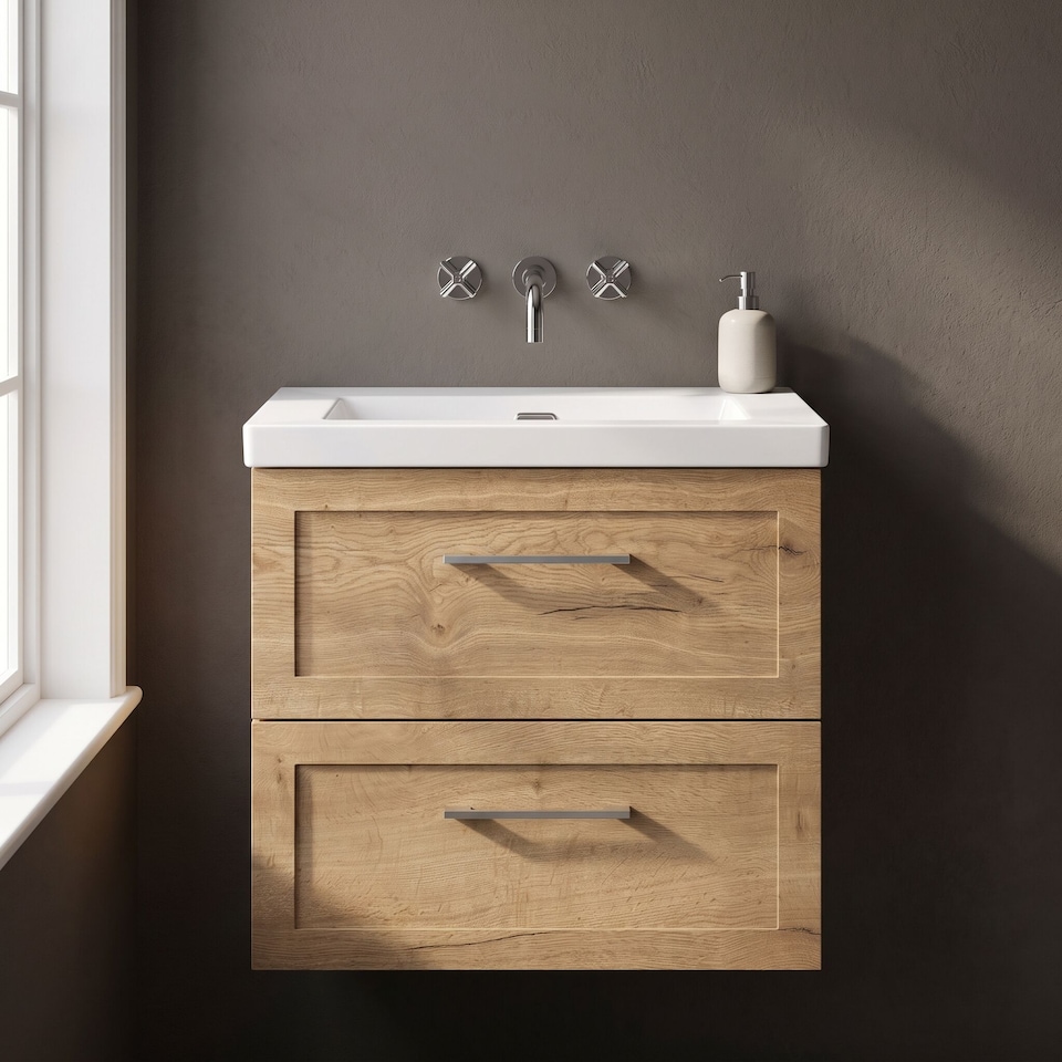 image 1 of Balterley Stonnall Traditional Wall Hung 2 Drawers Vanity Unit with 0 Tap Hole Fireclay Basin, 600mm, Autumn Oak