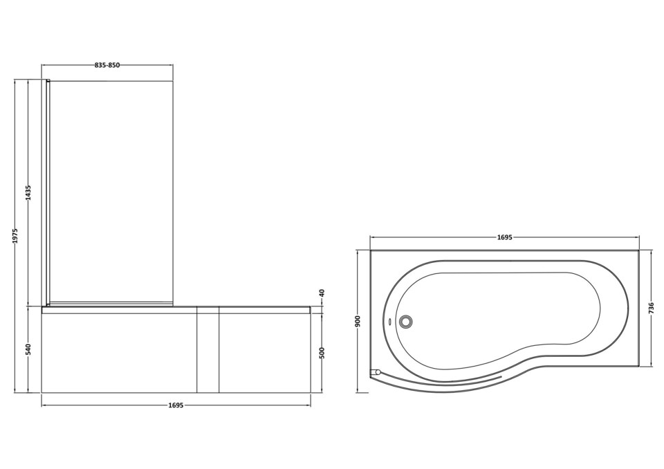 image 1 of 1700 mm Left Hand B Shape Shower Bath with Screen & Front Panel White | White | White | 1695 x 900 x 415mm