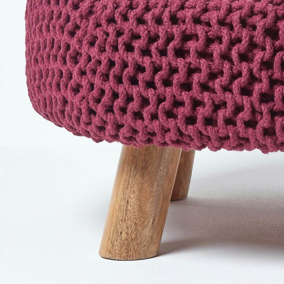 image 1 of Homescapes Plum Large Round Cotton Knitted Footstool on Legs