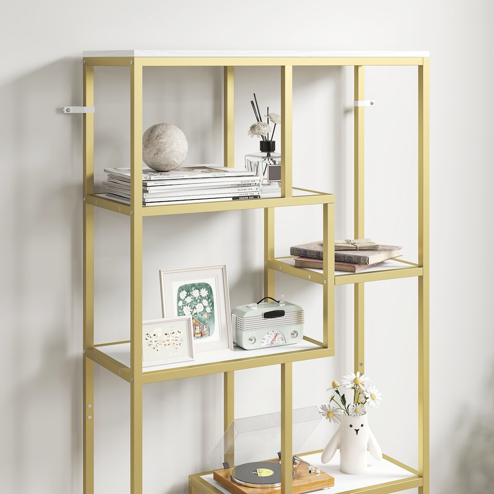 image 1 of HOMCOM 7-Tier Bookshelf, Geometric Bookcase, Industrial Floor Standing Book Shelf, Open Display Shelving Unit for Living Room, Home Office and Bedroom, White and Gold Tone | White | White and Gold Tone