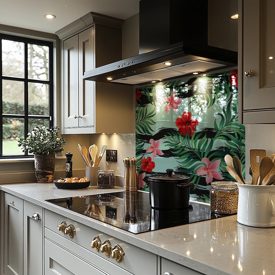 image 1 of Red & Pink Tropical Plants Splash Back | White