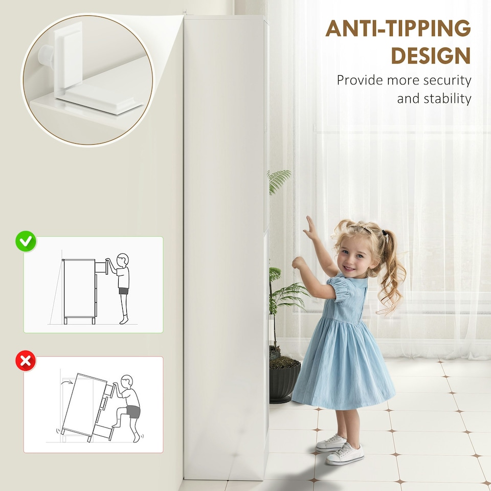 image 1 of kleankin Tall Bathroom Cabinet with Mirror, High Gloss White | White | 162H x 32W x 28D cm
