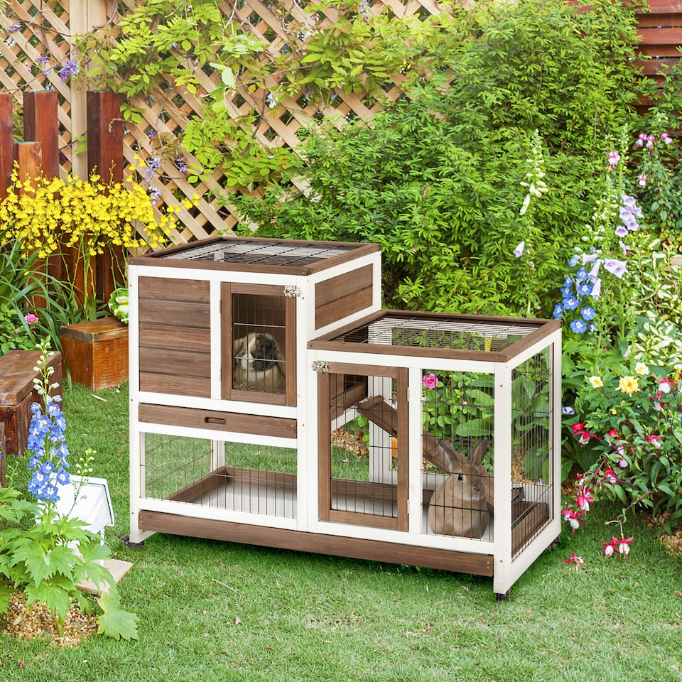 image 1 of PawHut Rabbit Hutch, Guinea Pig House Cage w/ Wheels & Enclosed Run, Brown
