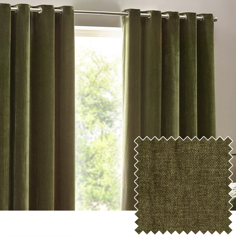 image 1 of Heavy Chenille Blackout Eyelet Curtain Pair | Green | Olive | 2