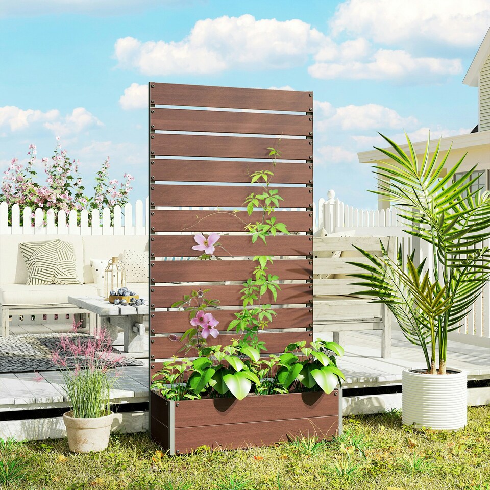 image 1 of Outsunny Raised Garden Bed with Trellis Standing Patio Planter Box Dark Grey | Grey | Dark Grey