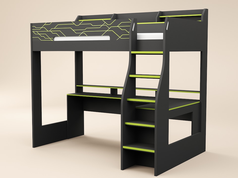image 1 of Recoil Ultimate Vivid Gaming High Sleeper with Desk Charcoal & Green Small Double