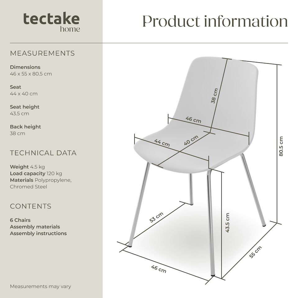 image 1 of Dining Chair Mave - large plastic seat, ergonomic, high backrest, 120 kg load capacity - Set of 6 White | White/Chrome