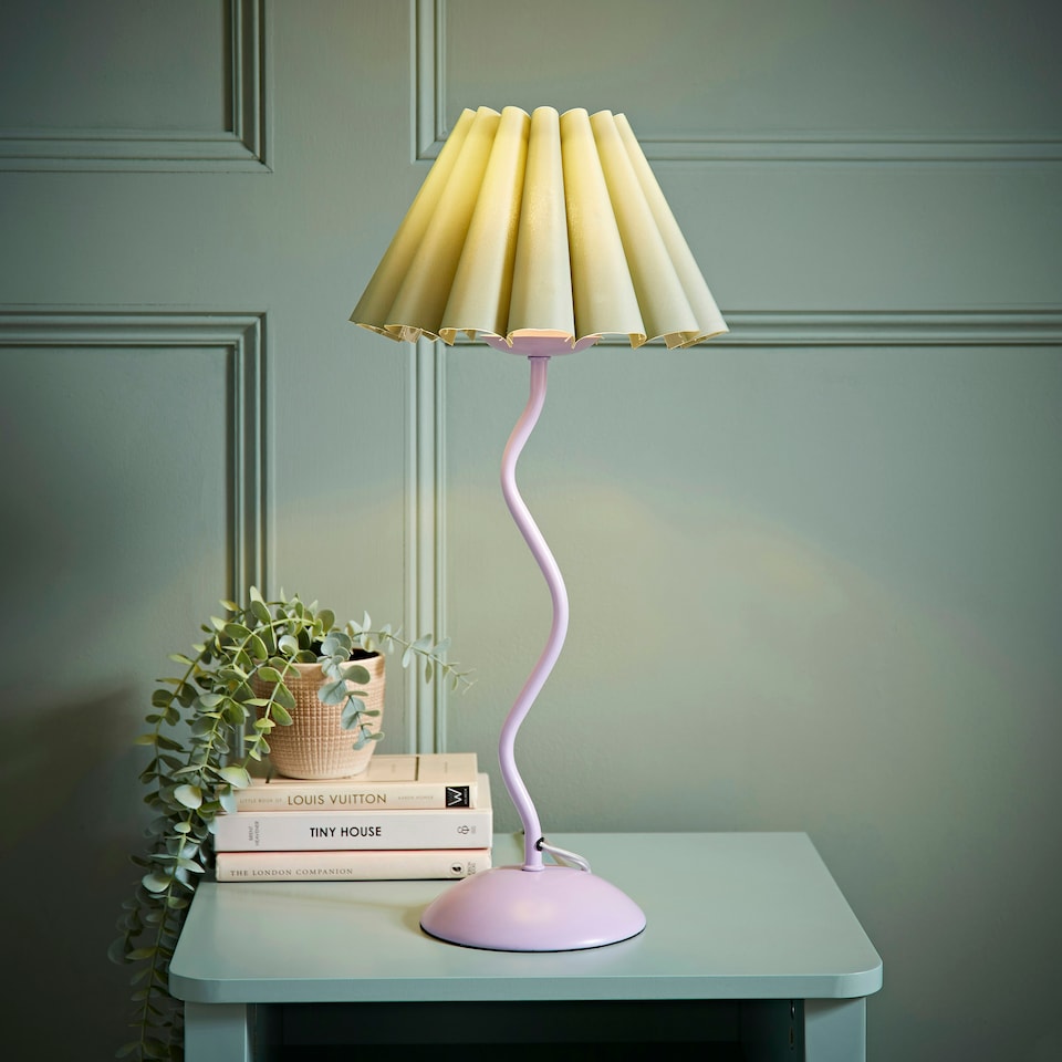 image 1 of ValueLights Wiggle Sage Pleated Scallop Lamp Shade Pale Purple Metal Table Lamp and LED Bulb Purple | Green