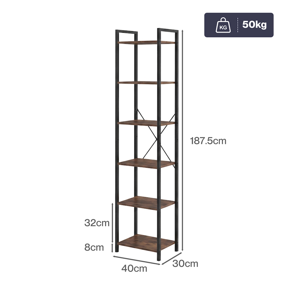 image 1 of Levede Book Shelf 6-Tier Narrow Shelves Space-Saving Steel Bedroom Walnut Brown