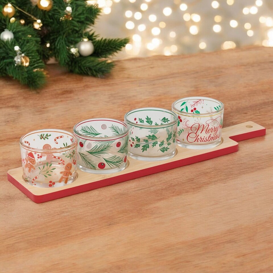 image 1 of 5Pc Decorative Christmas Serving Set Bamboo Tray Festive Glass Serving Bowl Gift