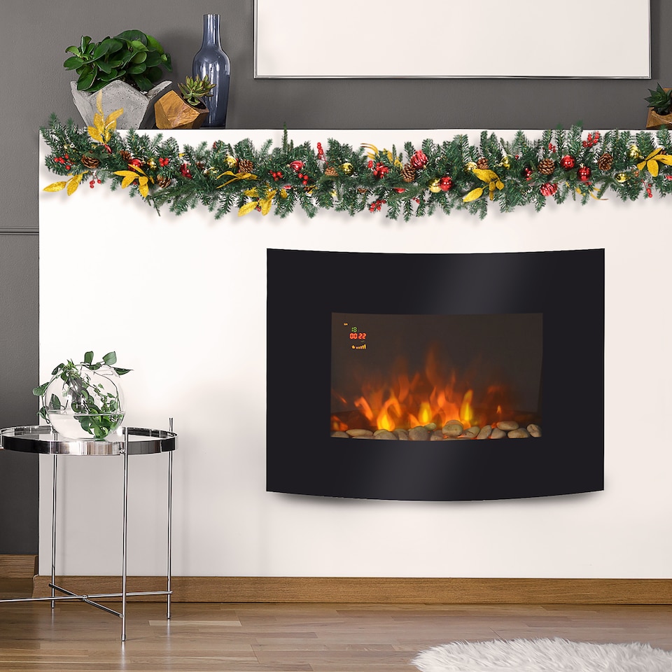 image 1 of HOMCOM Led Wall Mounted Fireplace Curved Glass Electric Fire Place Fire Place 7 Colour Side Lights Slimline, 9001800W, 65cm  52cm