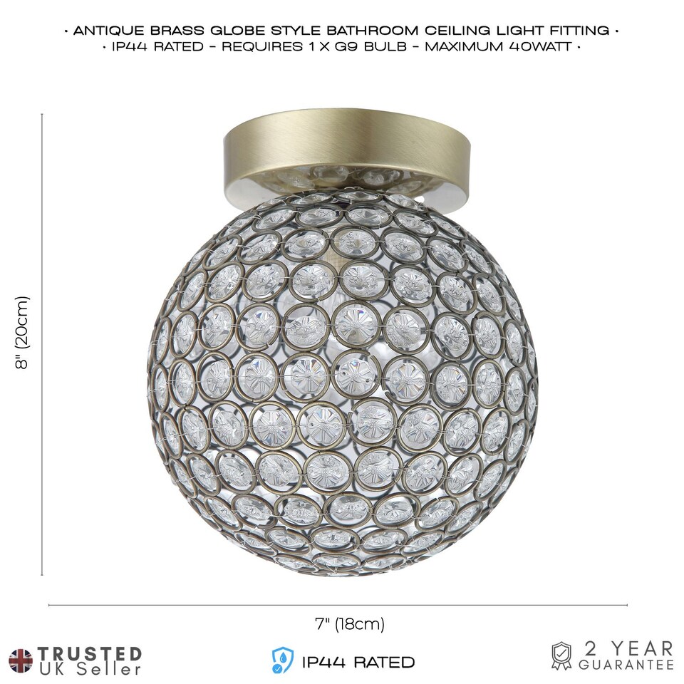 image 1 of Modern Antique Brass and Clear Beaded Glass IP44 Rated Bathroom Ceiling Light | Gold | Antique Brass | 1
