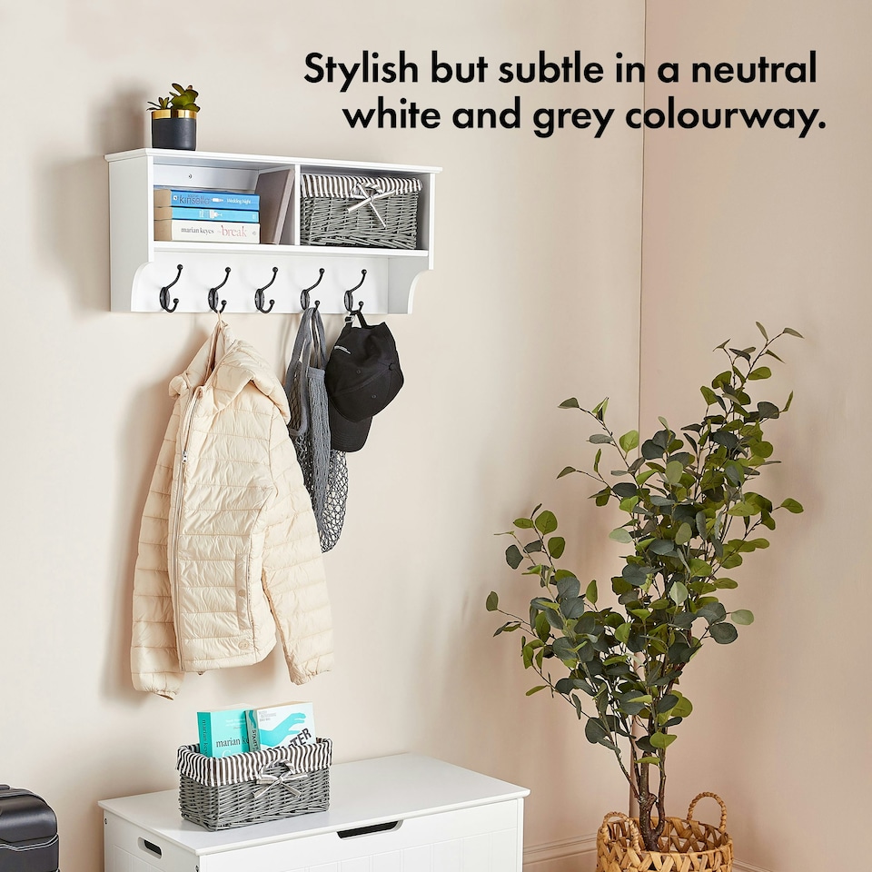 image 1 of VonHaus White Wall Mounted Coat Hooks with Baskets