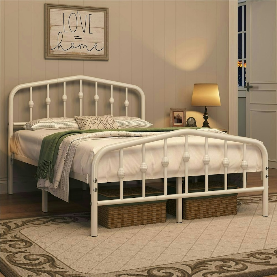 image 1 of Yaheetech 190 cm L × 135 cm W Modern Metal Bed Frame with Arched Headboard White