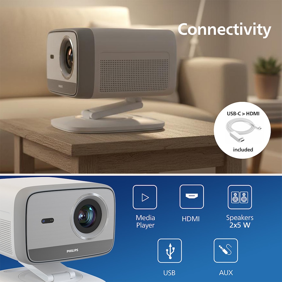 image 1 of Philips NeoPix 444 Projector White- 100", 500 ANSI lumens, LED, 360 degree rotating stand