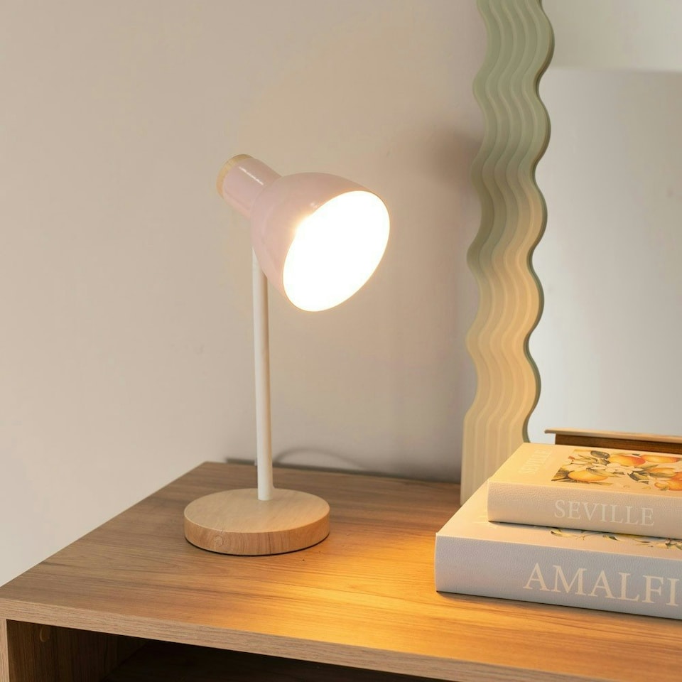 image 1 of ValueLights Woody Blush Pink Metal Dome Shade Wooden Base Desk Task Adjustable Table Lamp