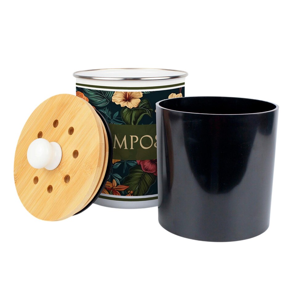 image 1 of Dark Hibiscus Compost Caddy - Metal 2L Decorative Kitchen Food Waste Bin