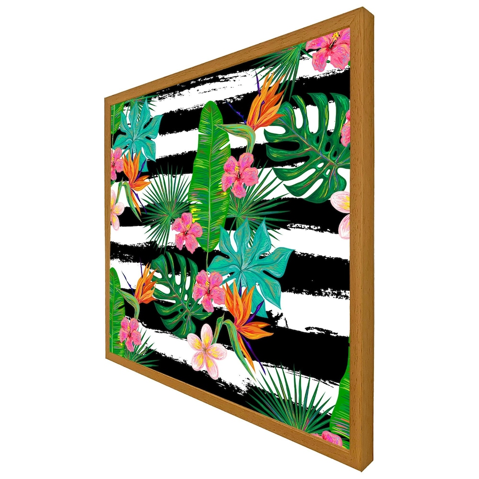 image 1 of Tropical plants on black & white stripes (Picutre Frame) Grey | S