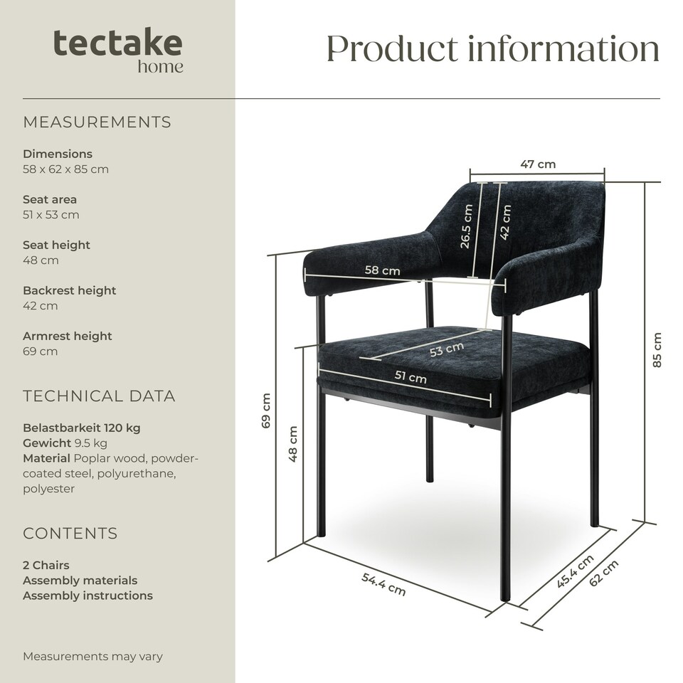 image 1 of Armchair Doe - durable fabric, black powder-coated legs, 120 kg load, 58 x 62 x 85 cm - Set of 2 Black | Woven Fabric Black/Black