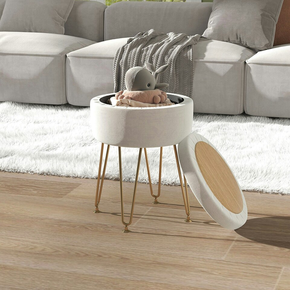 image 1 of HOMCOM 5L Velvet Footstool with Removable Lid for Bedroom, Cream White